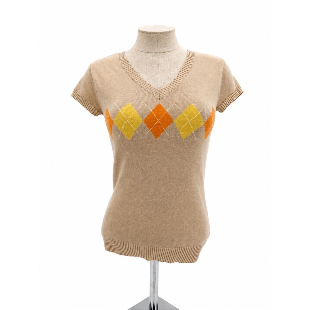 New York & Company Beige Argyle Sweater Fitted Size XS Y2k Style Retro Acrylic